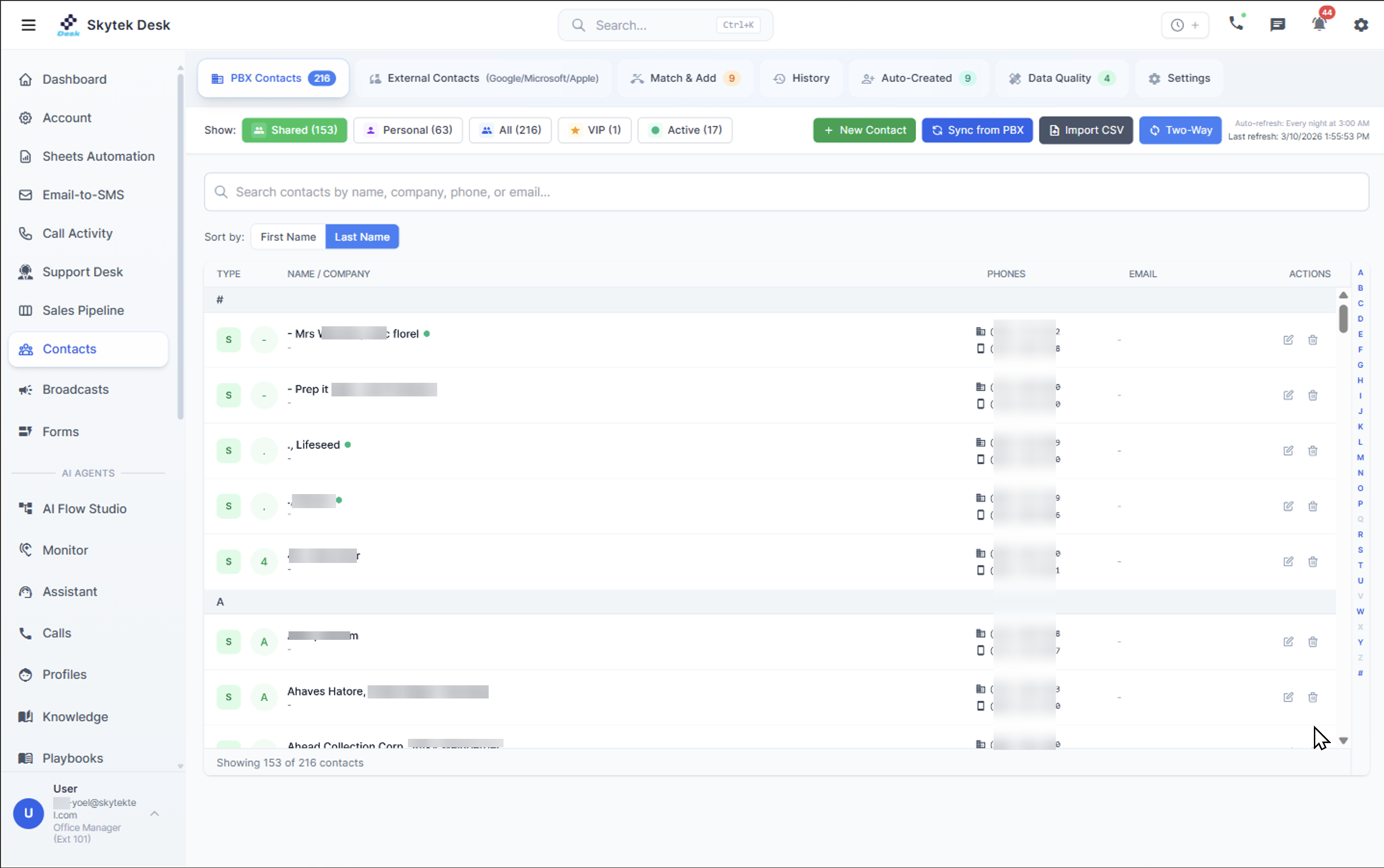 Skytek Desk — CRM with 216 contacts, PBX sync, CSV import
