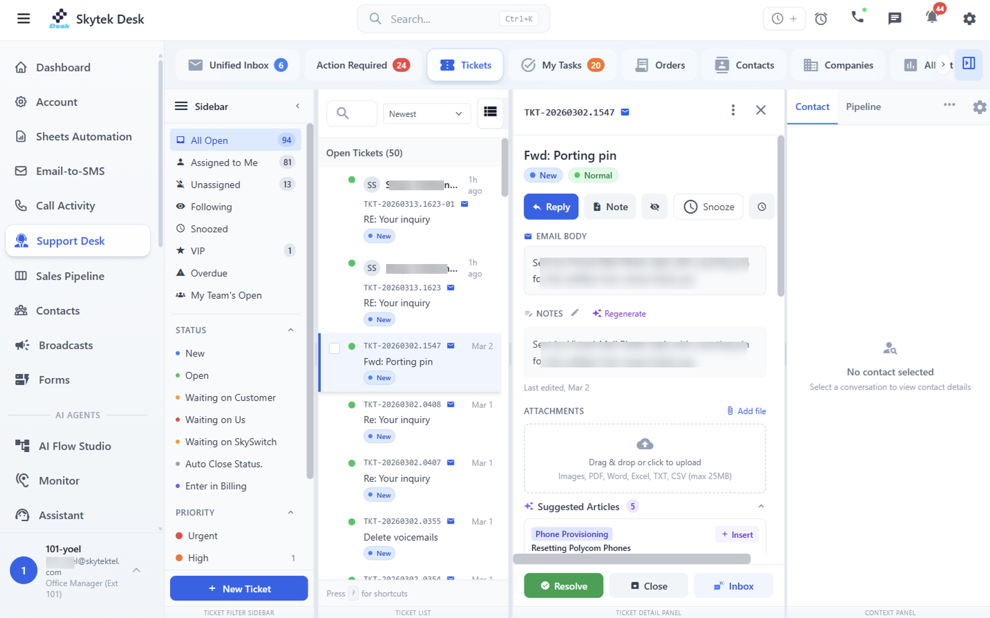 Skytek Desk — Full ticketing system with filters, AI suggestions, and notes
